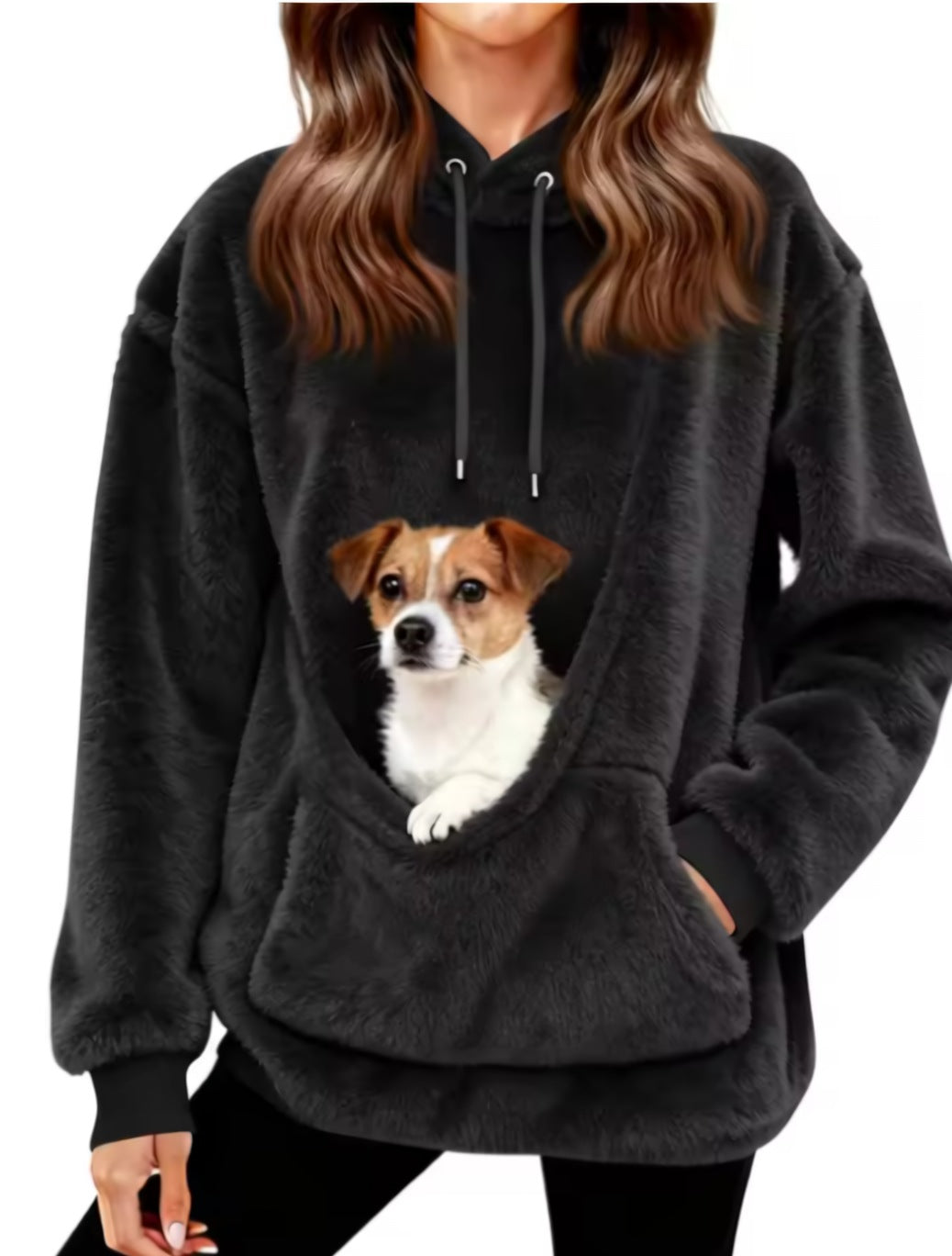 Fleece-Hoodie mit Hunde-Tragetasche in Schwarz